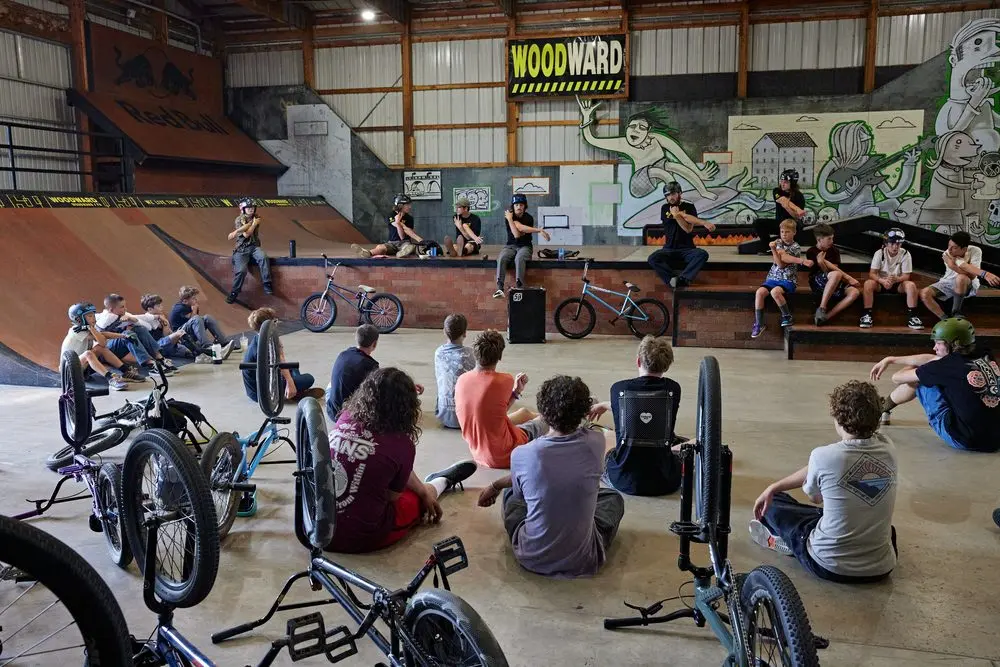 Morning stretch for BMX campers at The School